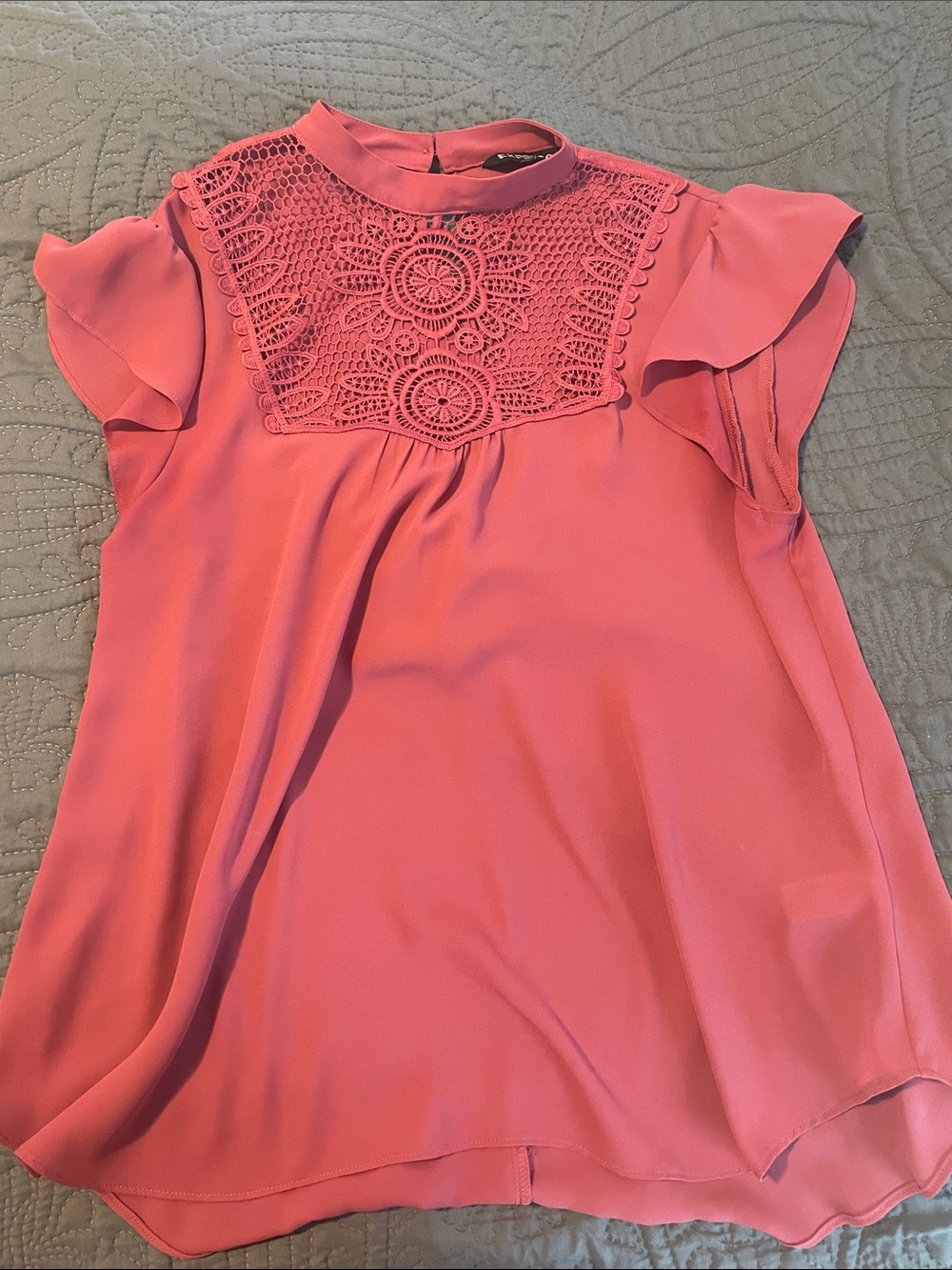 Express Coral Pink Lace Yoke Flutter Sleeve Blouse